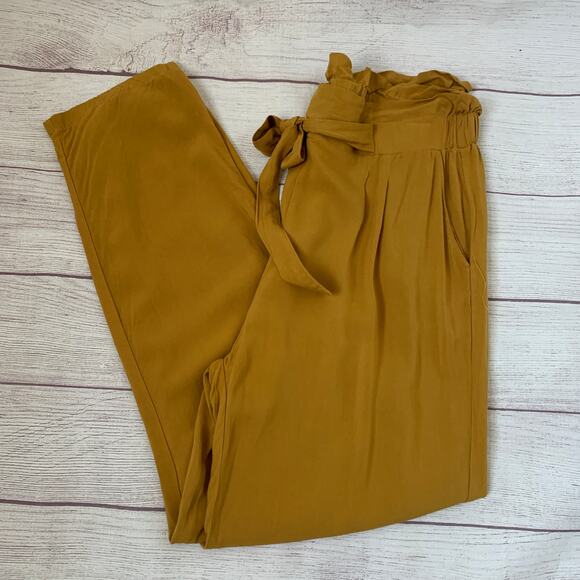 Ambiance Apparel Mustard Yellow Paper Bag Pants Tie Front Pockets Size Large - Picture 2 of 16